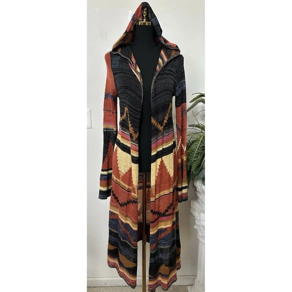 Free People Aztec Lima Duster Cardigan L Hooded Southwestern Boho Festival Wool